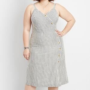 Maurices Stripe Button Front Faux Wrap Dress Adjustable Strap Smocked Back Sz: L